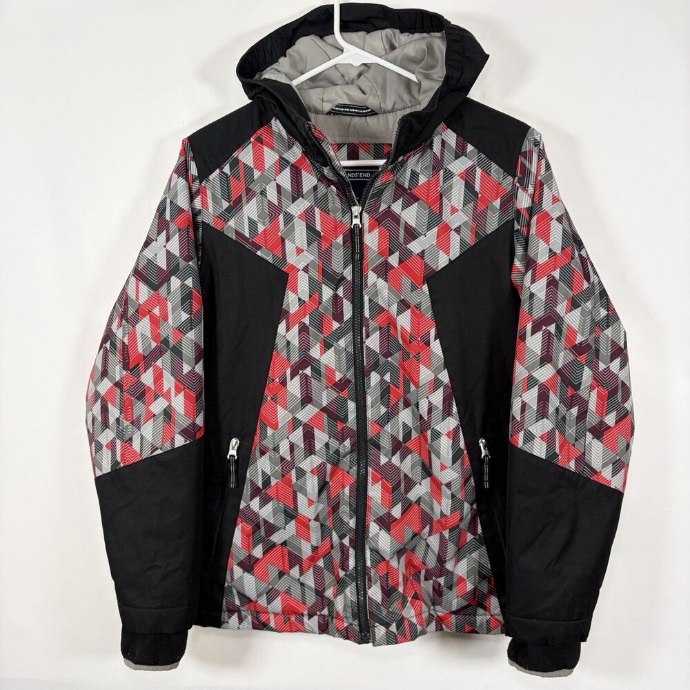 Lands End Full Zip Insulated Hooded Jacket Youth Boys Large 14H-16H Red Black